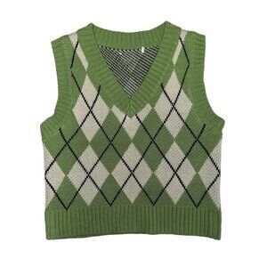 Women's Argyle Preppy Style Sweater Vest Sleeveless V Neck Knitwear Green Size M